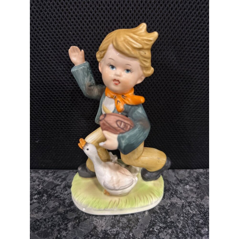 Vintage Hummel Style Figurine Boy With Goose Running Porcelain 5.5" Collectible